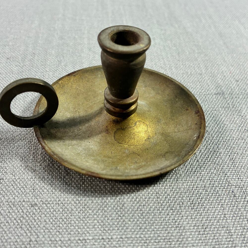 Vintage Solid Brass Mini Chamberstick Finger Loop Candle Holder 2 Inch Rustic